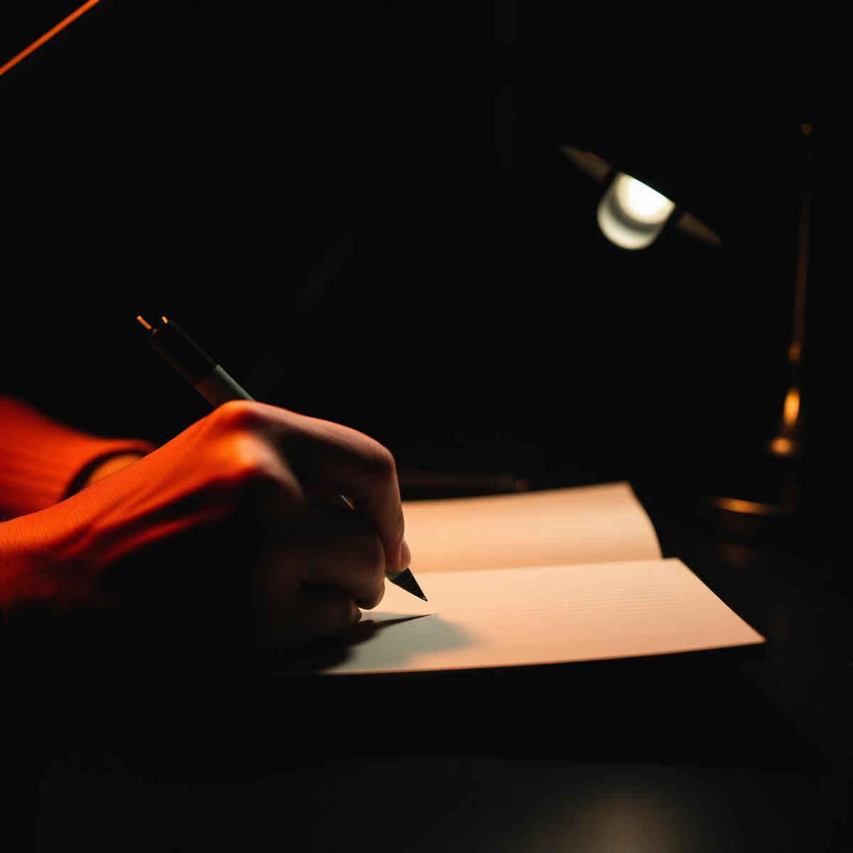Mãos escrevendo em caderno sob luz âmbar